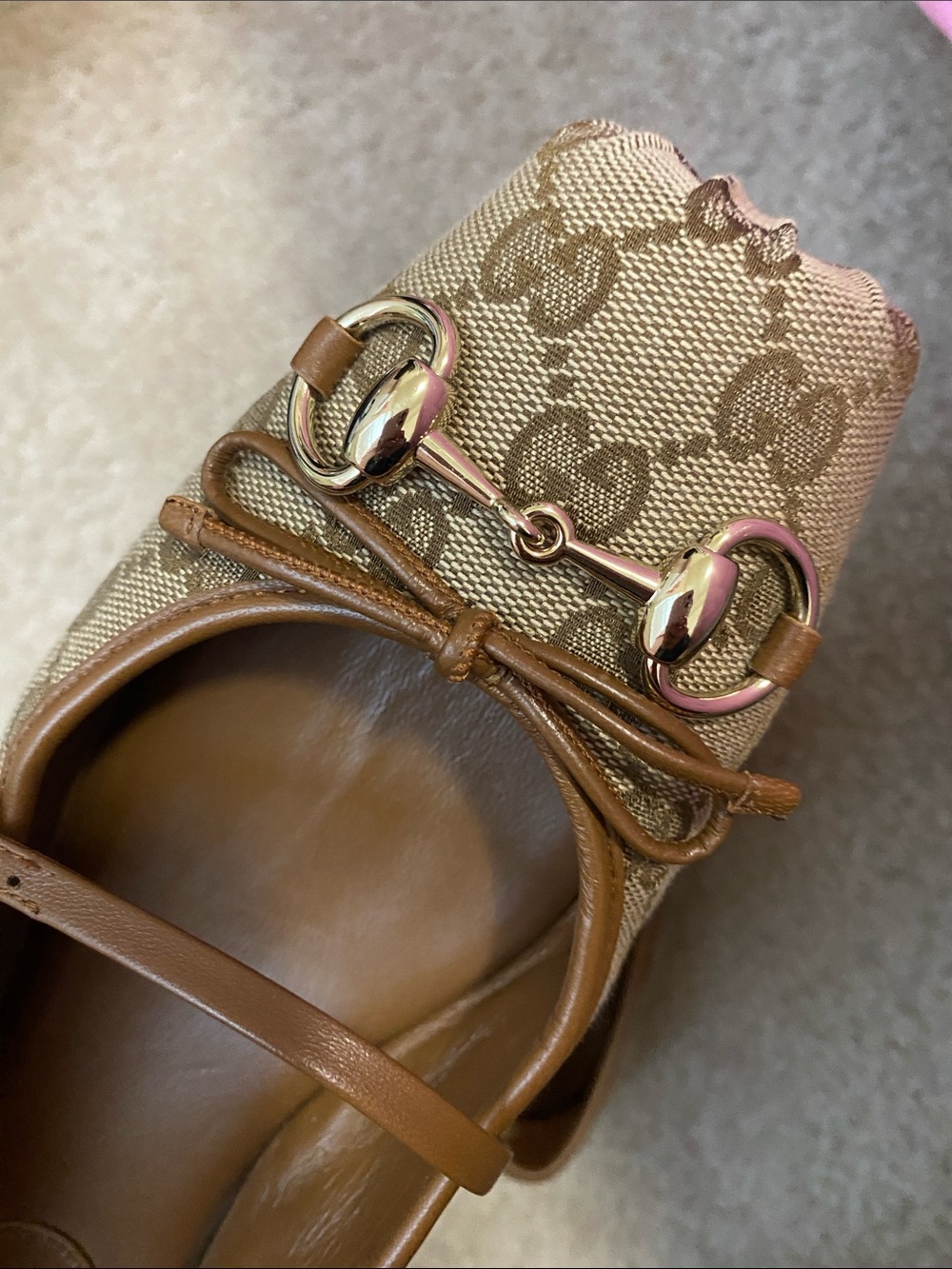 Gucci Tan Brown Monogram Canvas Horsebit Mary Jane Flats - Picture 2 of 5